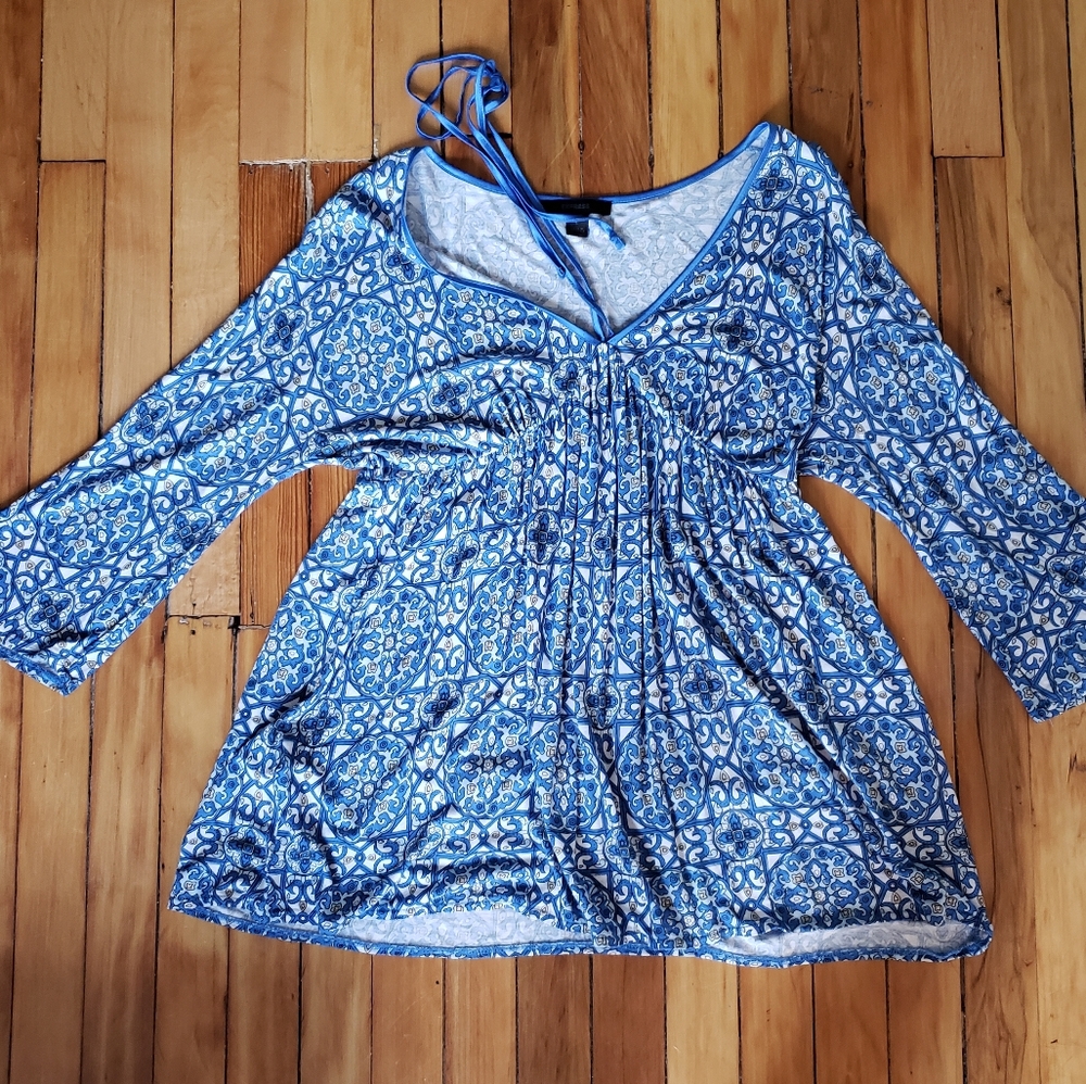 Express blue printed women's L bell sleeve tunic
